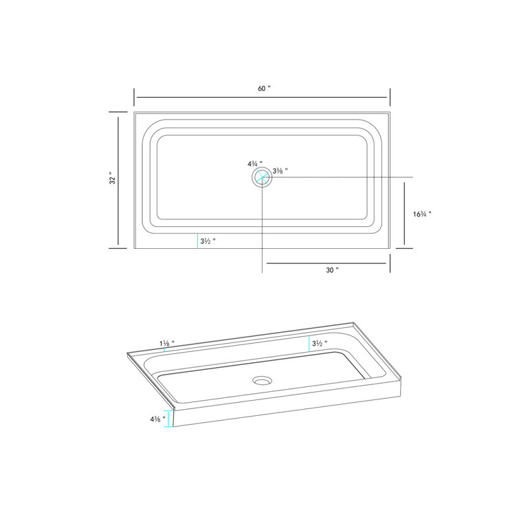 Glossy White 60'' x 32'' Acrylic Rectangular Shower Base