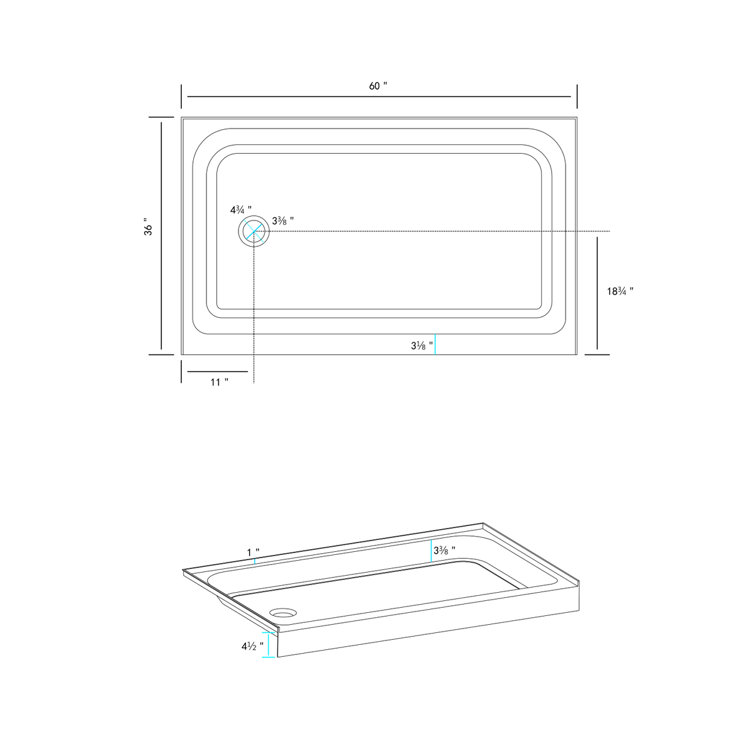 Glossy White 60'' Acrylic Rectangular Shower Base with Left Drain