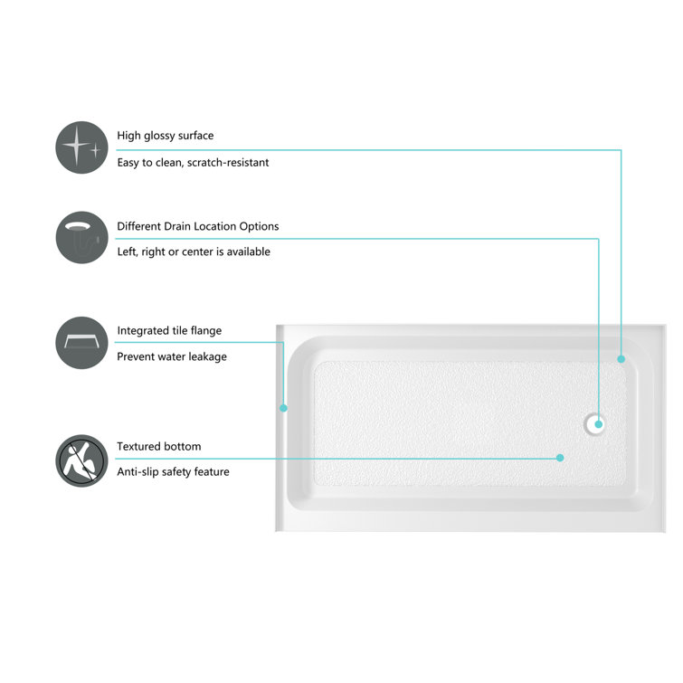 Glossy White 60'' x 36'' Acrylic Shower Base with Right Drain