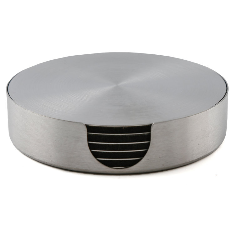 Stainless Steel Round 6-Piece Coaster Set with Holder