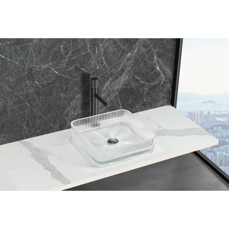 Clear Tempered Glass Square Vessel Bathroom Sink, 15 inches