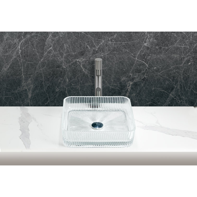 Clear Tempered Glass Square Vessel Bathroom Sink, 15 inches
