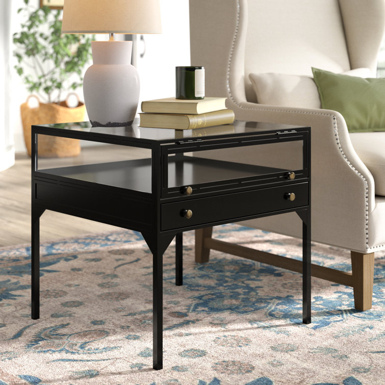 Black Metal and Glass Round End Table with Storage