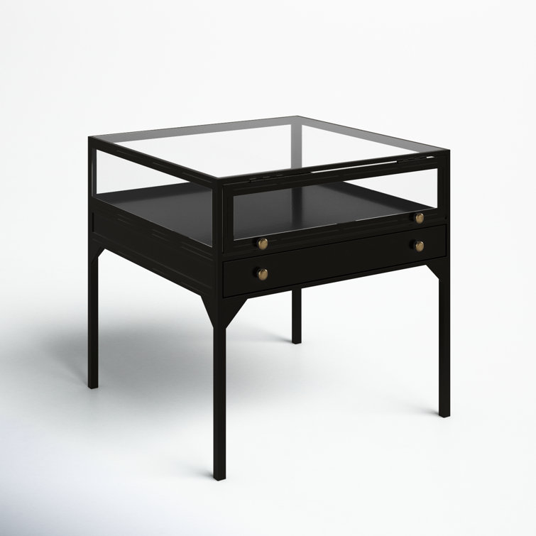 Black Metal and Glass Round End Table with Storage