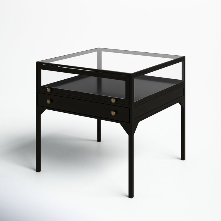 Black Metal and Glass Round End Table with Storage