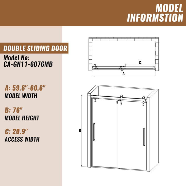 60" x 76" Frameless Black Sliding Shower Door with Tempered Glass