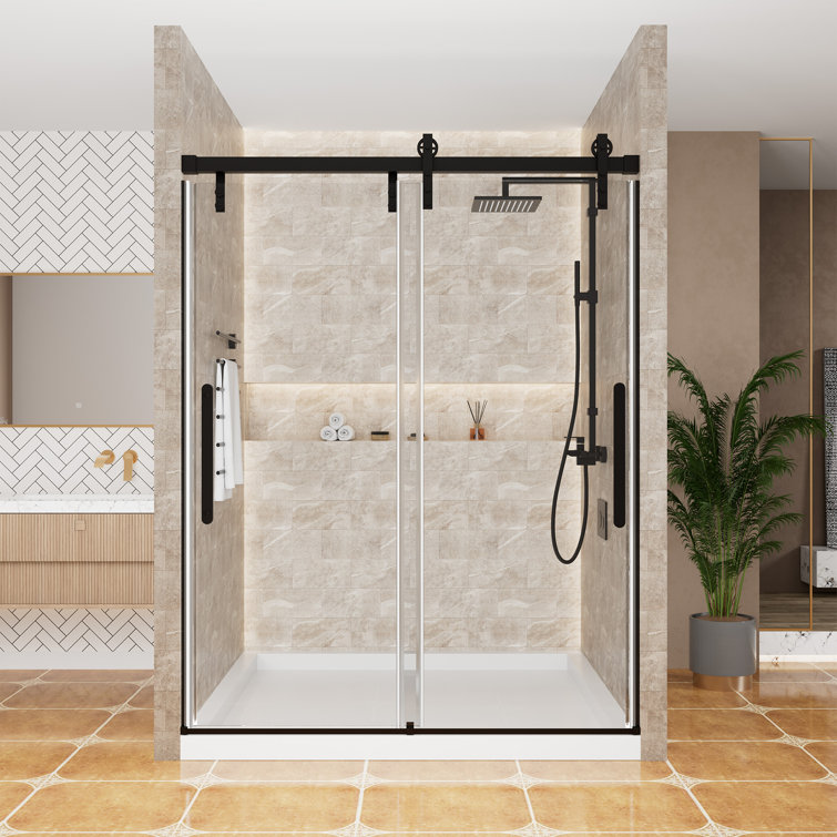 60" x 76" Frameless Black Sliding Shower Door with Tempered Glass
