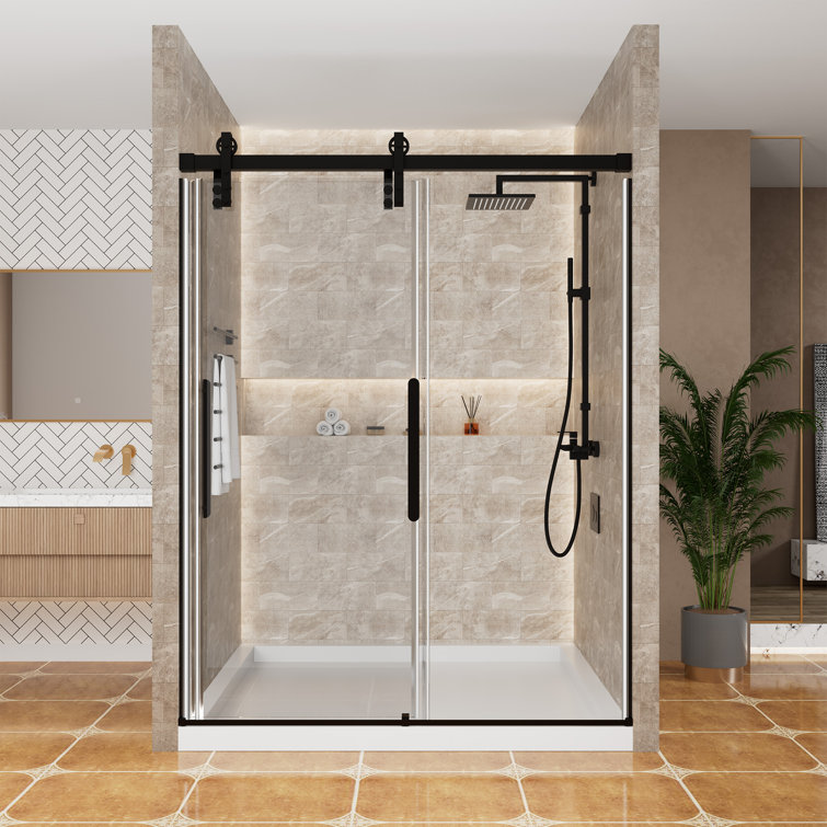 60" x 76" Frameless Black Sliding Shower Door with Tempered Glass