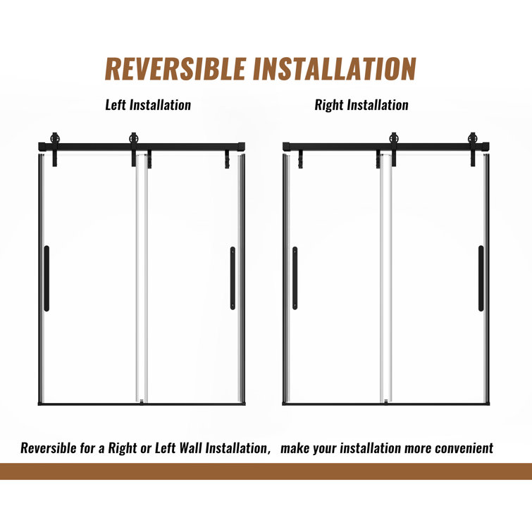 60" x 76" Frameless Black Sliding Shower Door with Tempered Glass