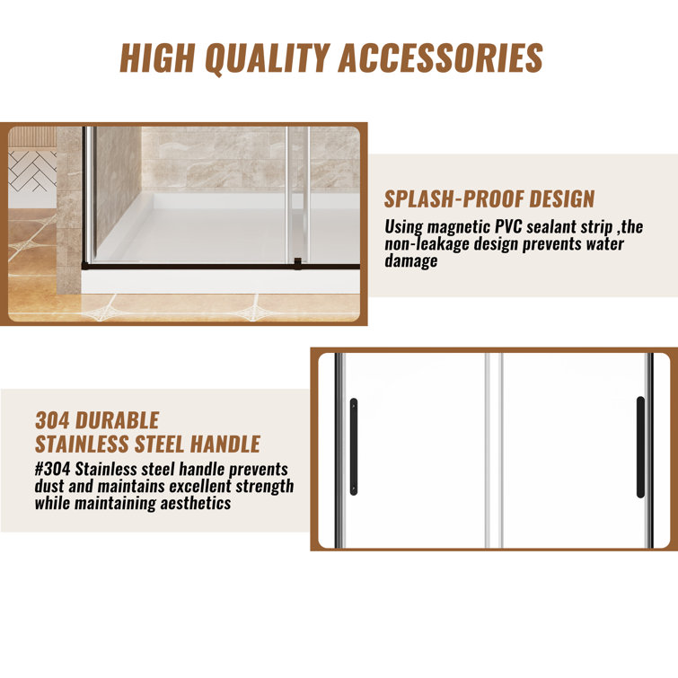 60" x 76" Frameless Black Sliding Shower Door with Tempered Glass