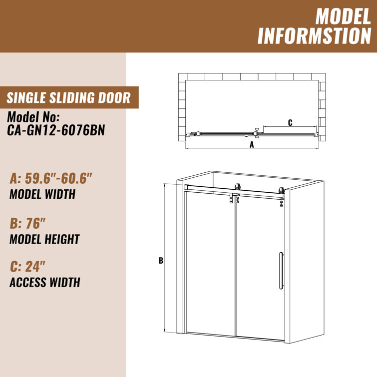 60'' Brushed Nickel Frameless Sliding Shower Door with Clear Glass