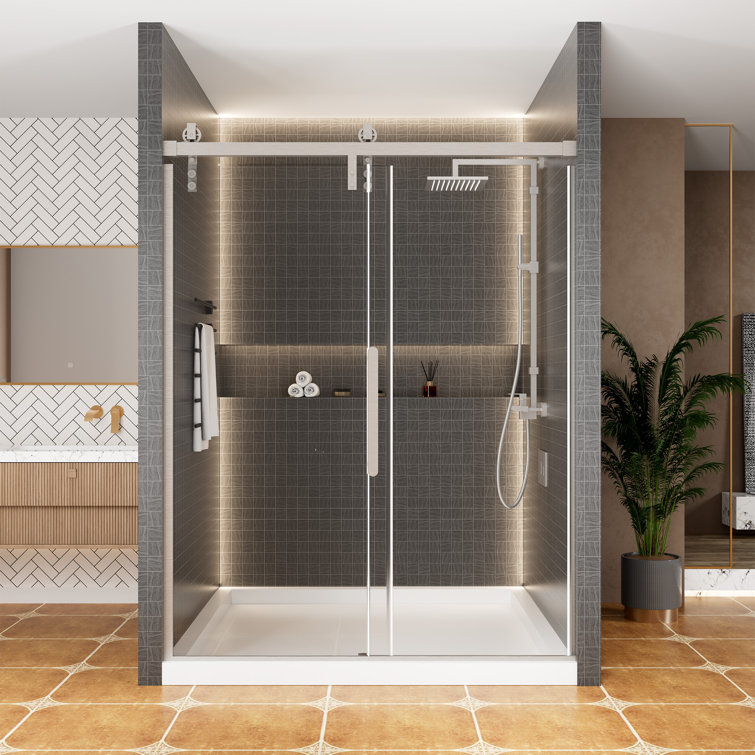 60'' Brushed Nickel Frameless Sliding Shower Door with Clear Glass