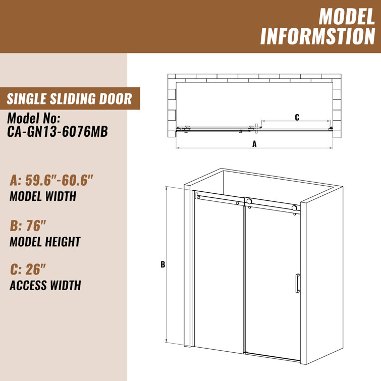 60'' Matte Black Frameless Sliding Shower Door with Clear Glass