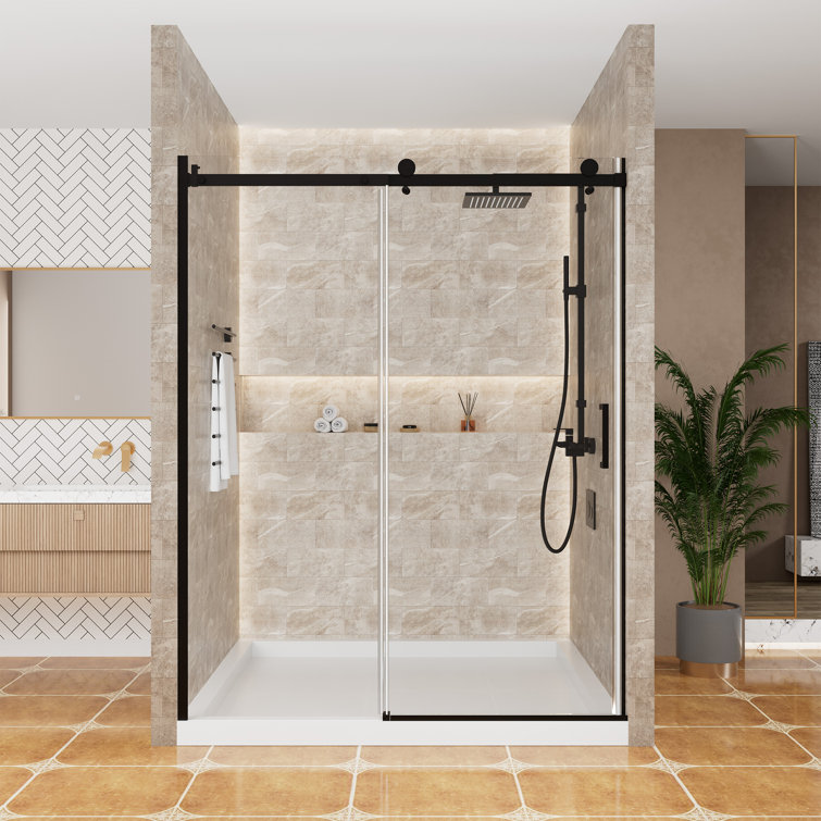 60'' Matte Black Frameless Sliding Shower Door with Clear Glass
