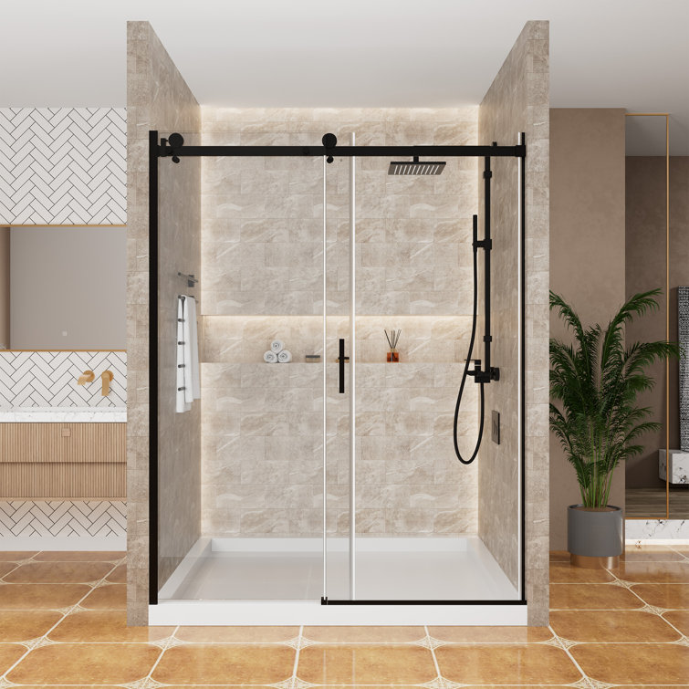60'' Matte Black Frameless Sliding Shower Door with Clear Glass