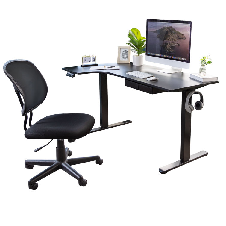AdaptaDesk 35" Black Wood Electric Sit-Stand Corner Desk with Drawer