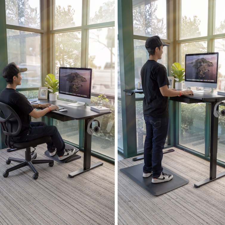 AdaptaDesk 35" Black Wood Electric Sit-Stand Corner Desk with Drawer