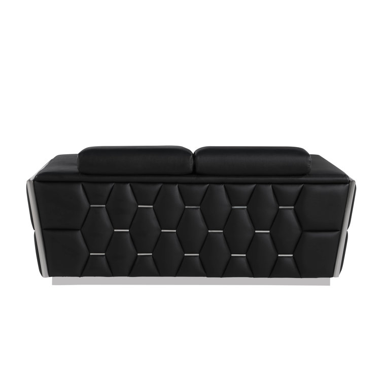 Black Genuine Leather 2-Piece Sofa and Loveseat Set with Gold Metal Legs