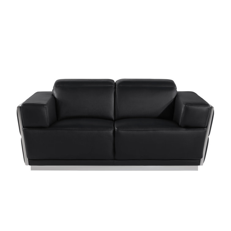 Black Genuine Leather 2-Piece Sofa and Loveseat Set with Gold Metal Legs