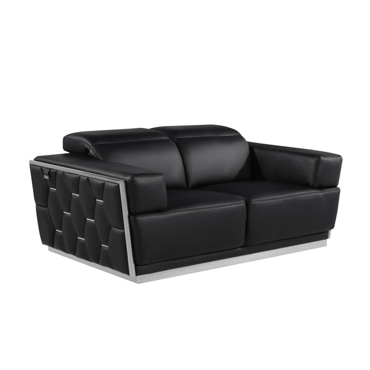 Black Genuine Leather 2-Piece Sofa and Loveseat Set with Gold Metal Legs