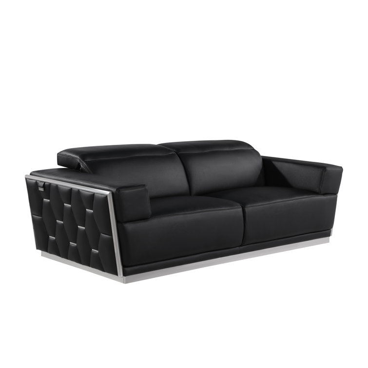 Black Genuine Leather 2-Piece Sofa and Loveseat Set with Gold Metal Legs