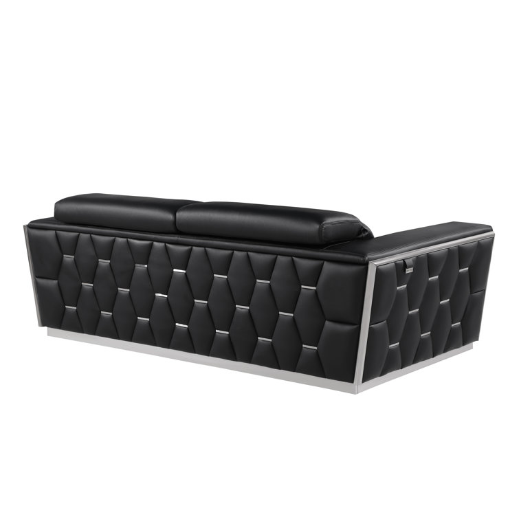 Black Genuine Leather 2-Piece Sofa and Loveseat Set with Gold Metal Legs