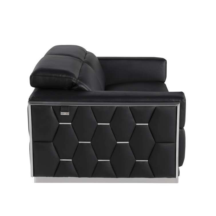Black Genuine Leather 2-Piece Sofa and Loveseat Set with Gold Metal Legs