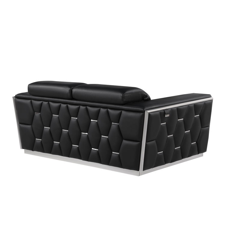 Black Genuine Leather 2-Piece Sofa and Loveseat Set with Gold Metal Legs