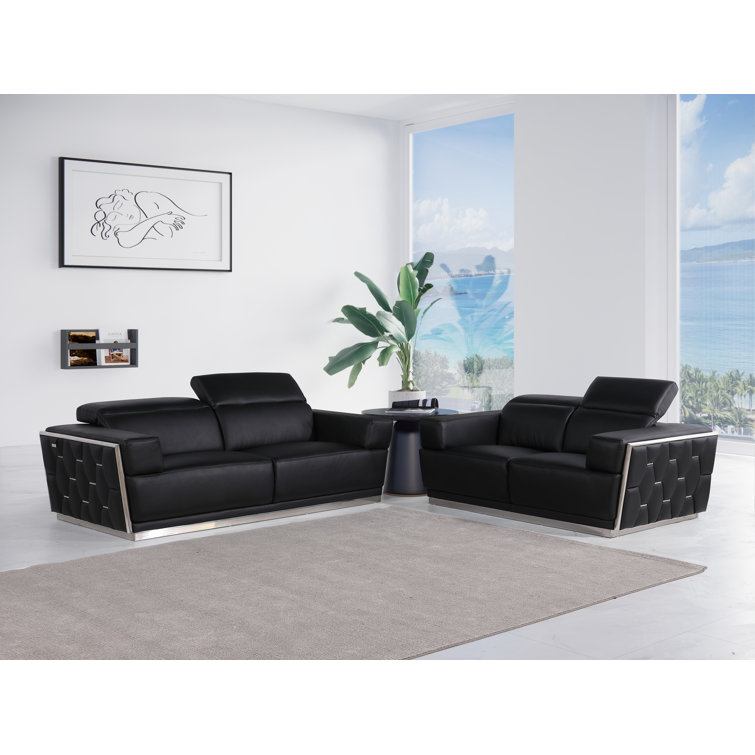 Black Genuine Leather 2-Piece Sofa and Loveseat Set with Gold Metal Legs