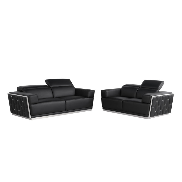Black Genuine Leather 2-Piece Sofa and Loveseat Set with Gold Metal Legs