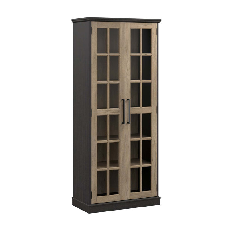 Tall Vintage Black and Tan Hickory Curio Cabinet with Glass Doors