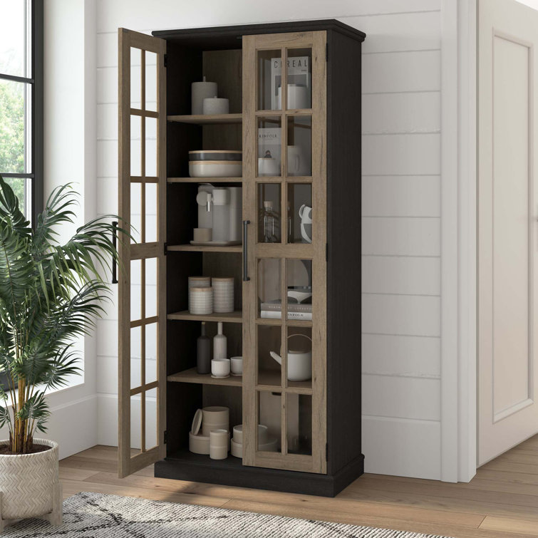 Tall Vintage Black and Tan Hickory Curio Cabinet with Glass Doors