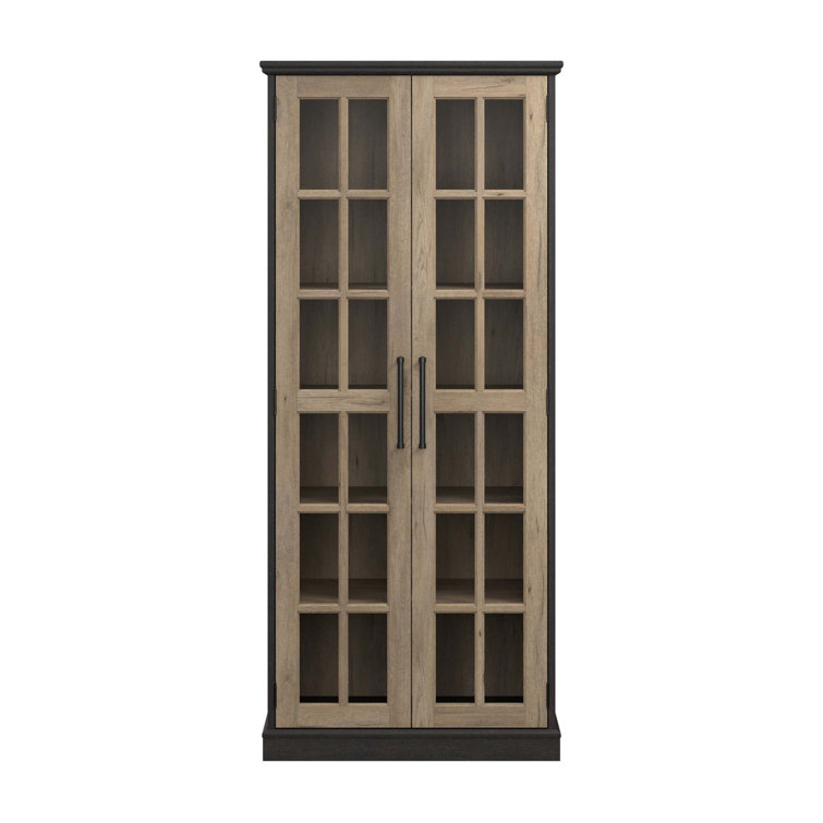 Tall Vintage Black and Tan Hickory Curio Cabinet with Glass Doors