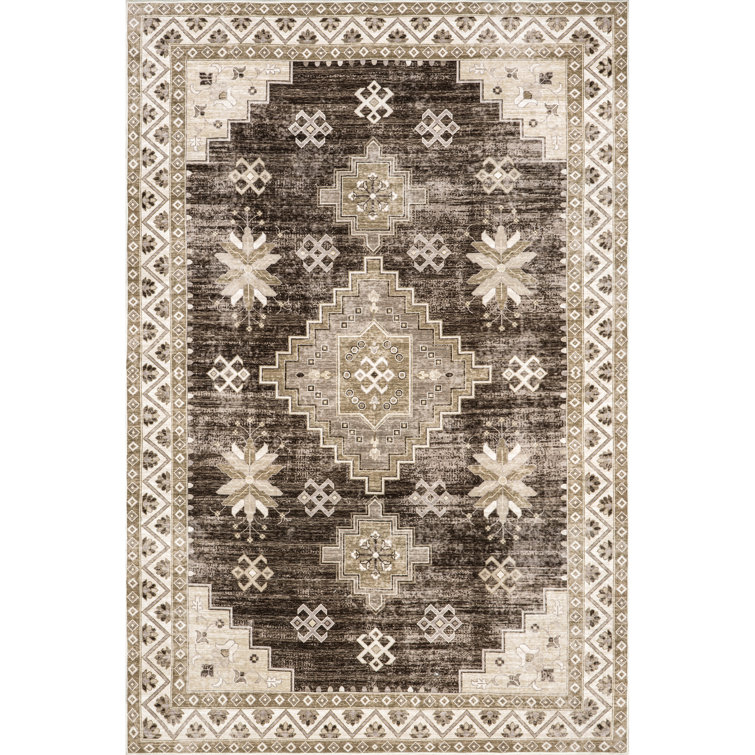 Brown Geometric Synthetic Washable 4' x 6' Area Rug