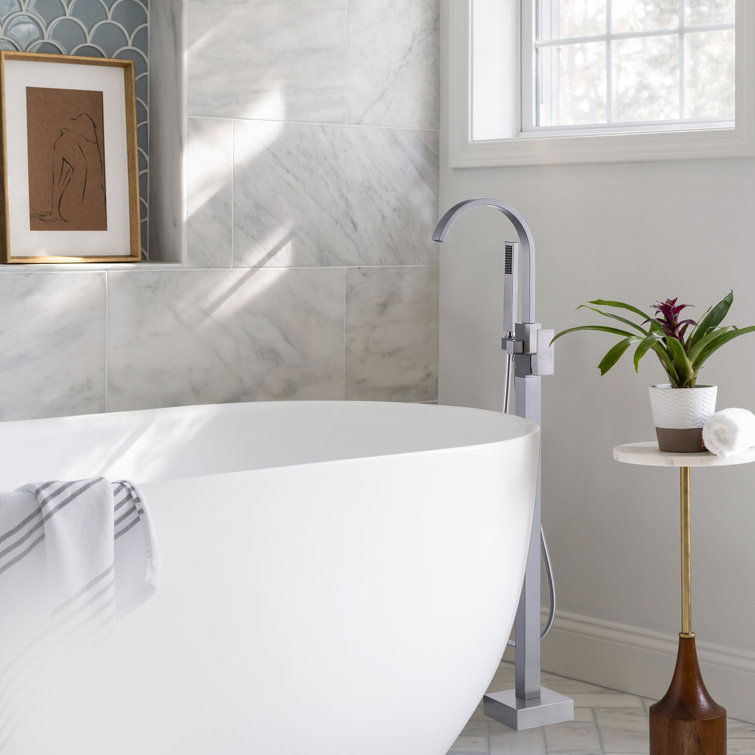 Brushed Nickel Freestanding Tub Filler with Hand Shower
