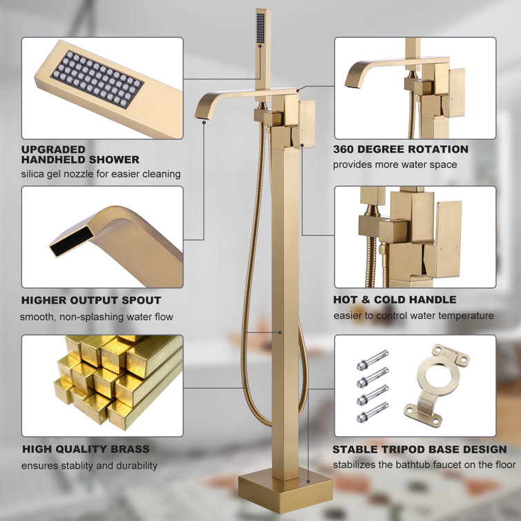 Gold Single Handle Floor Mounted Tub Filler with Handshower