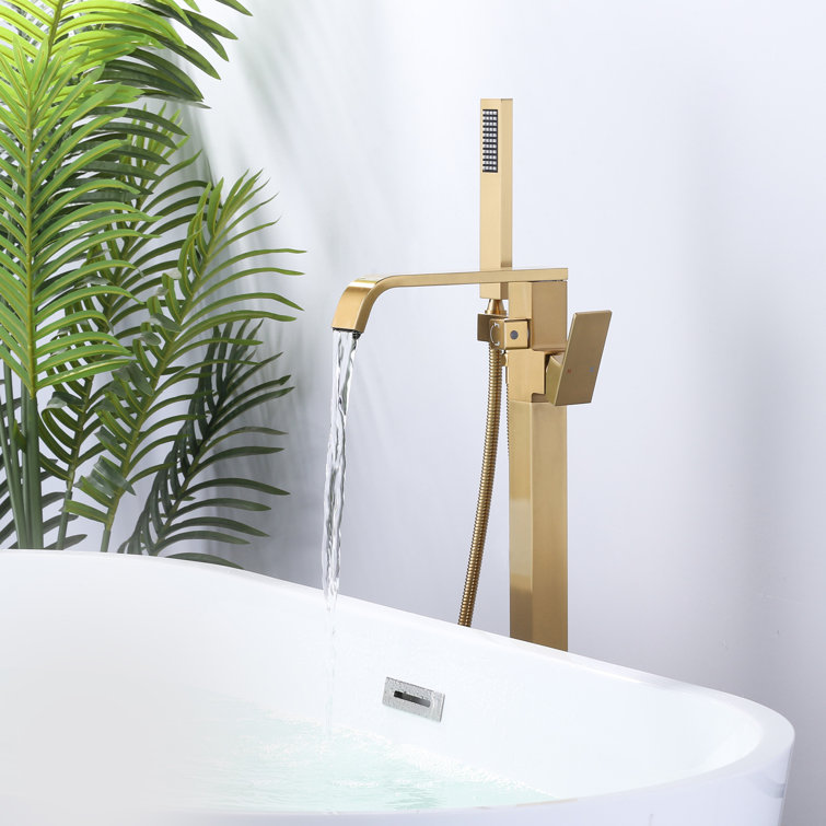 Gold Single Handle Floor Mounted Tub Filler with Handshower