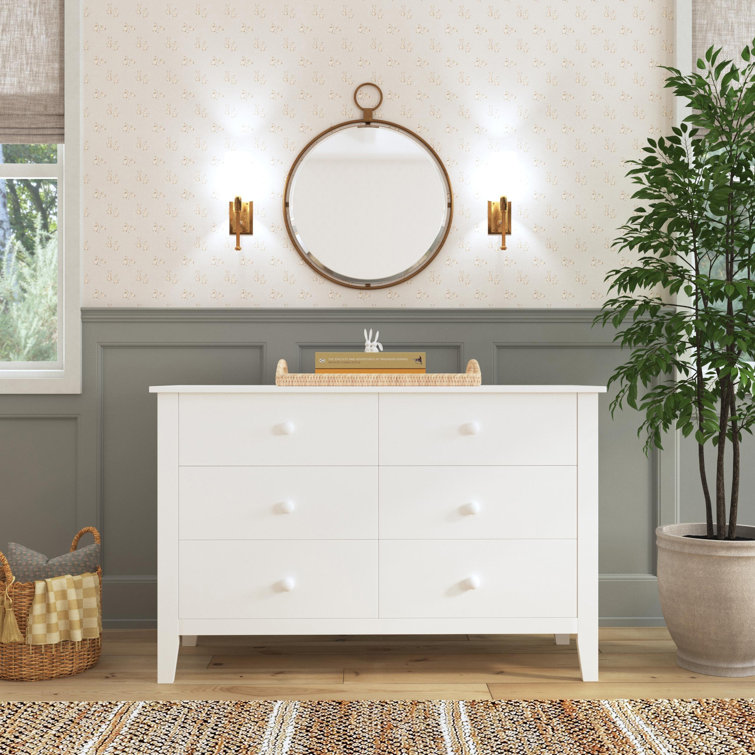 White Pine Wood Double Dresser with Six Drawers