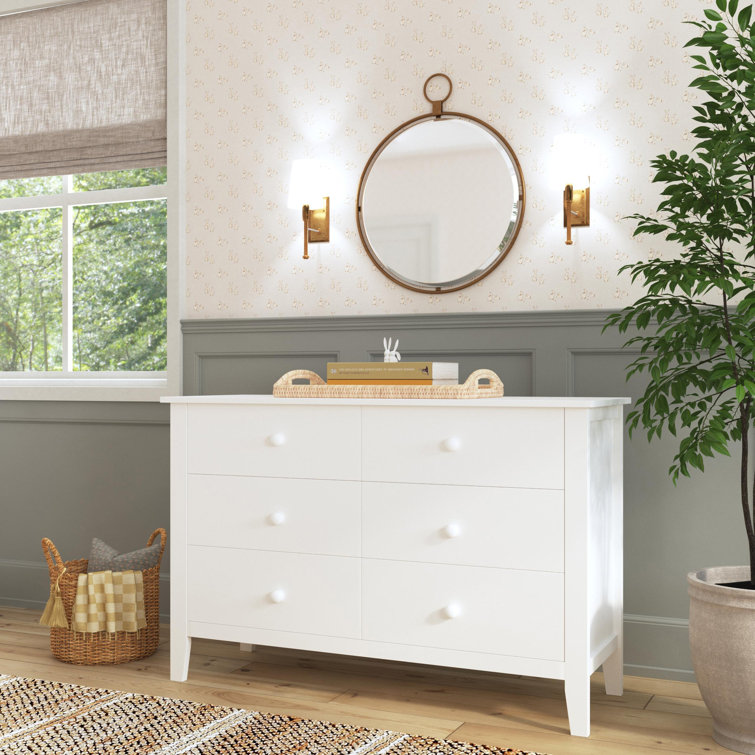 White Pine Wood Double Dresser with Six Drawers
