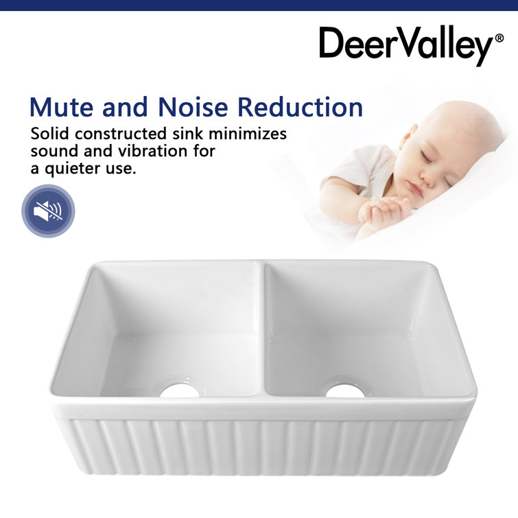 Nova 33" White Fireclay Double Basin Farmhouse Sink