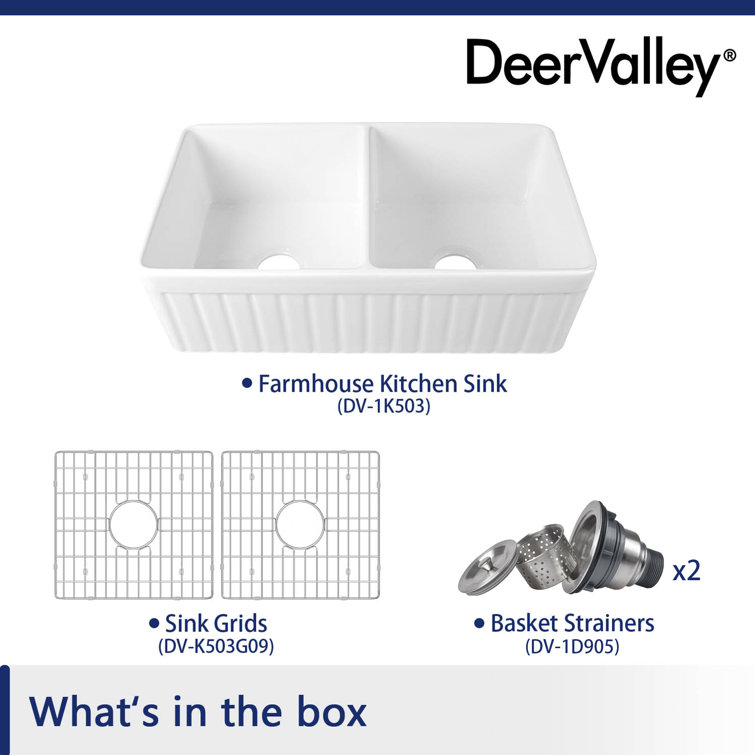 Nova 33" White Fireclay Double Basin Farmhouse Sink
