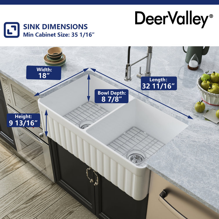 Nova 33" White Fireclay Double Basin Farmhouse Sink