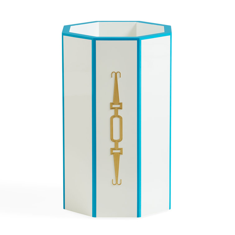 White and Blue Plastic Freestanding Umbrella Stand with Brass Accents