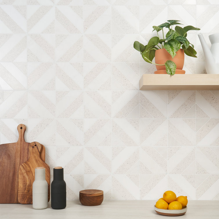 Salt White Polished Marble and Terrazzo Mosaic Tile Sheet