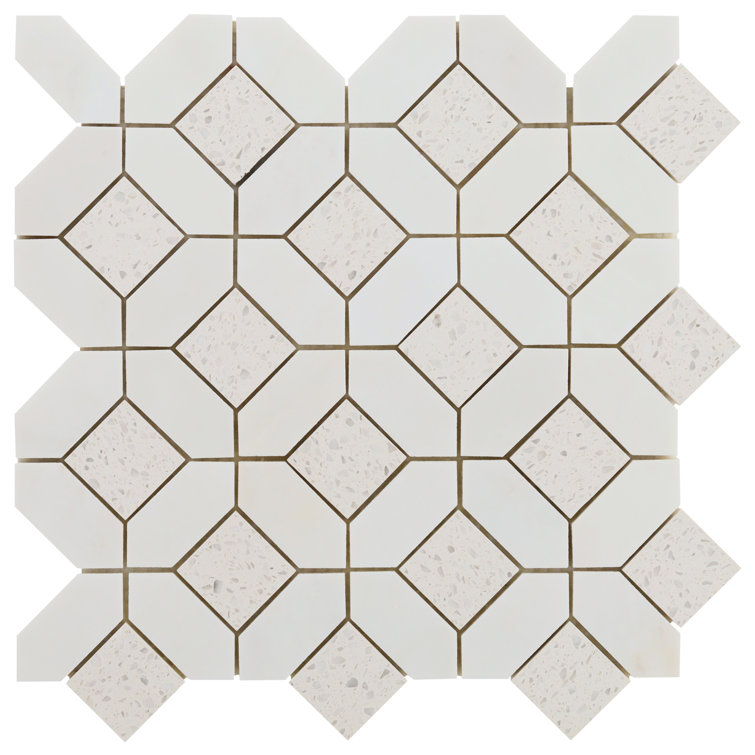 Salt White Polished Marble and Terrazzo Mosaic Tile Sheet