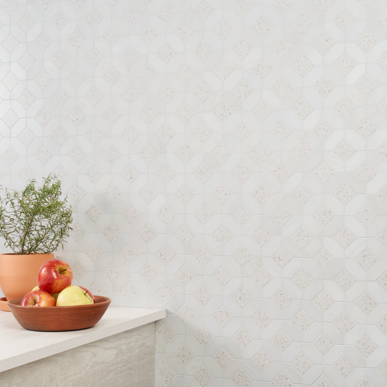 Salt White Polished Marble and Terrazzo Mosaic Tile Sheet
