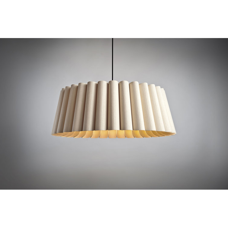 Ash Wood Veneer Drum Pendant Light with Black Cord