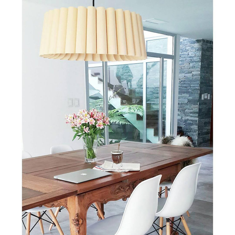 Ash Wood Veneer Drum Pendant Light with Black Cord