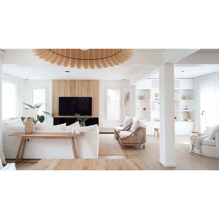 Ash Wood Veneer Drum Pendant Light with Black Cord
