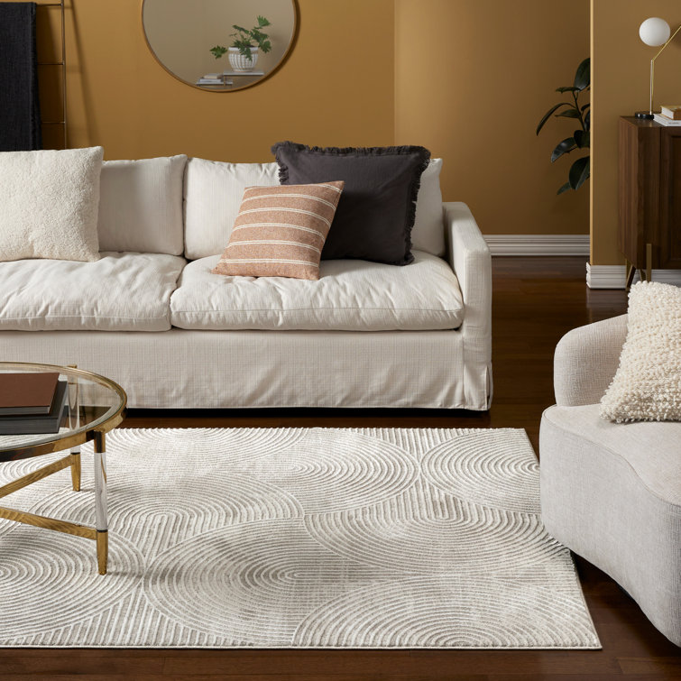 Ivory and Greige Polyester Rectangular Area Rug with High-Low Texture